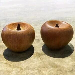 WOODEN APPLES Stems Natural Brown Pair 2pc Set Fake Fruit Decor Solid Wood